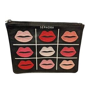Sephora Clutch Makeup Bag 10” X 7.5” Leather Embroidered Lips Lipstick Kiss NWOT